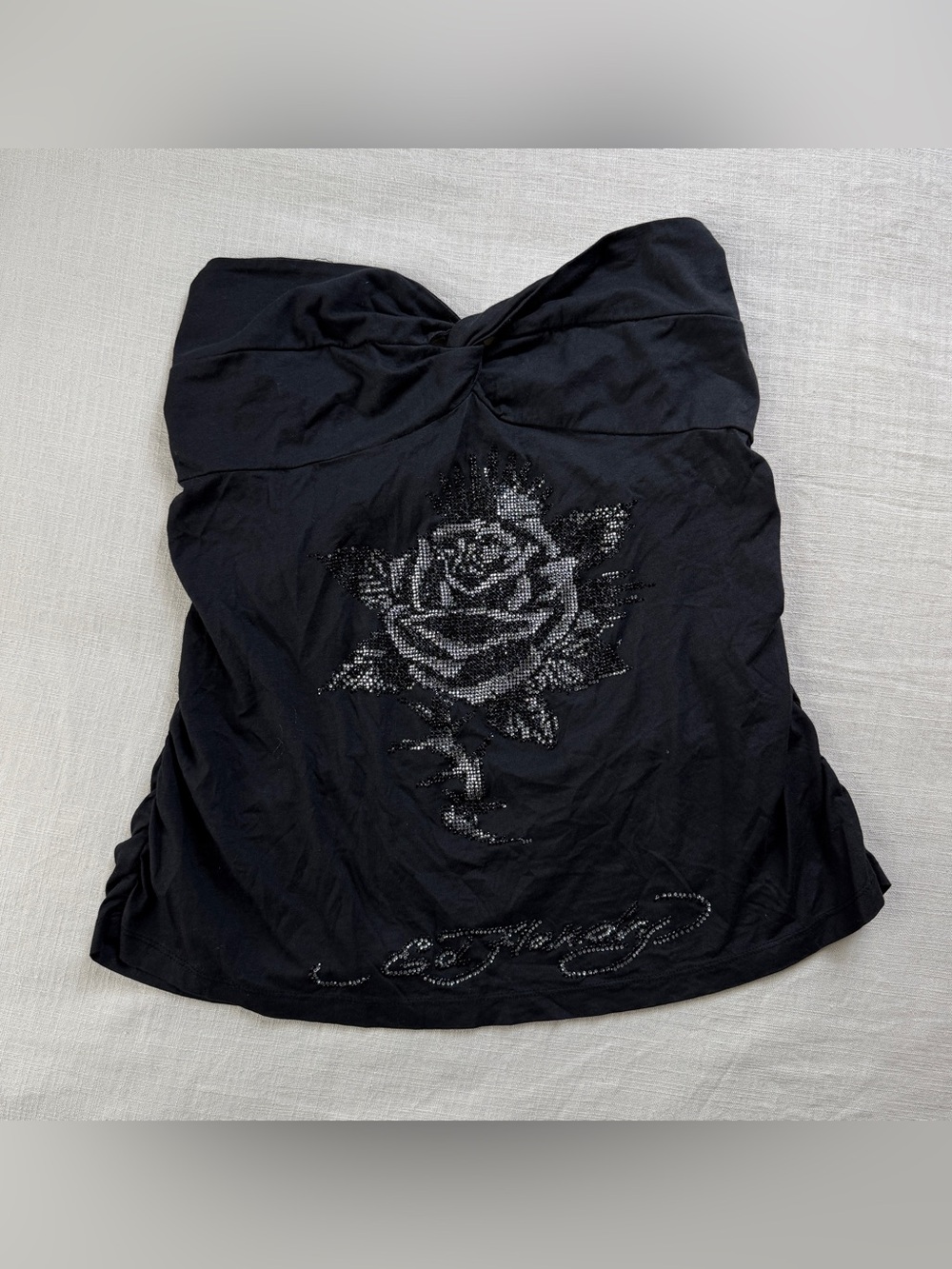 Vintage Y2K Ed Hardy Christian Audigier Rhinestone Rose Strapless Tube Top L